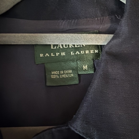 Vintage 90s Lauren Ralph Lauren Shirt Jacket M Blue Navy Linen Long Line Cuffed - Picture 2 of 9